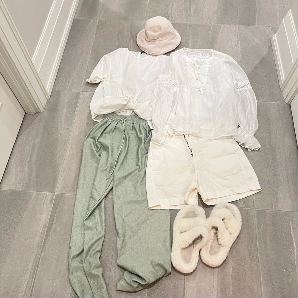 White Blouse and Green Pants Set